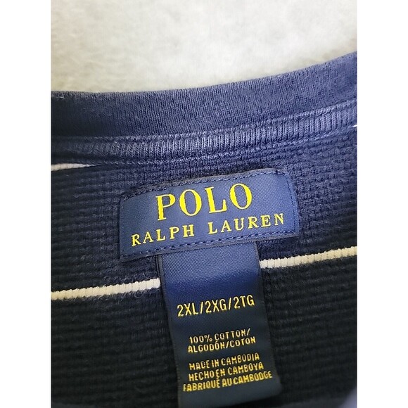 Ralph Lauren Thermal Shirt Mens 2XL Blue Stripe Cotton Preppy Stretch Dad Logo - Picture 2 of 10
